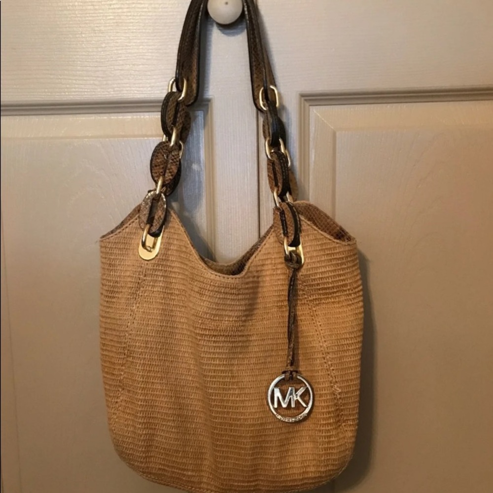 Michael Kors straw purse with snakeskin trim